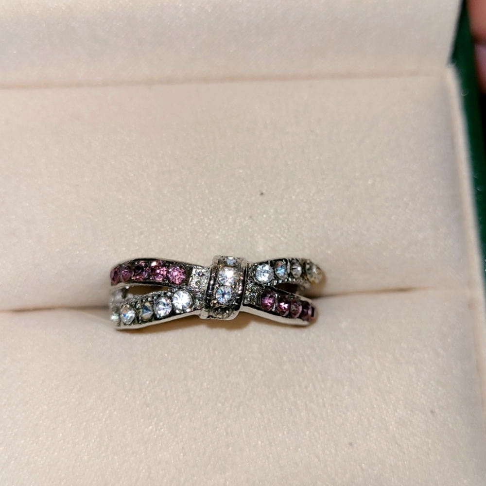 Pink & Clear Crystal Rhinestone Criss-Cross Bow Style Silver-tone Ring Size 8 - Picture 2 of 10